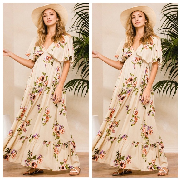 16 Most Fabulous Boho Chic Floral Flutter Sleeve V Neck Long Tier Maxi Dress - Picture 3 of 5